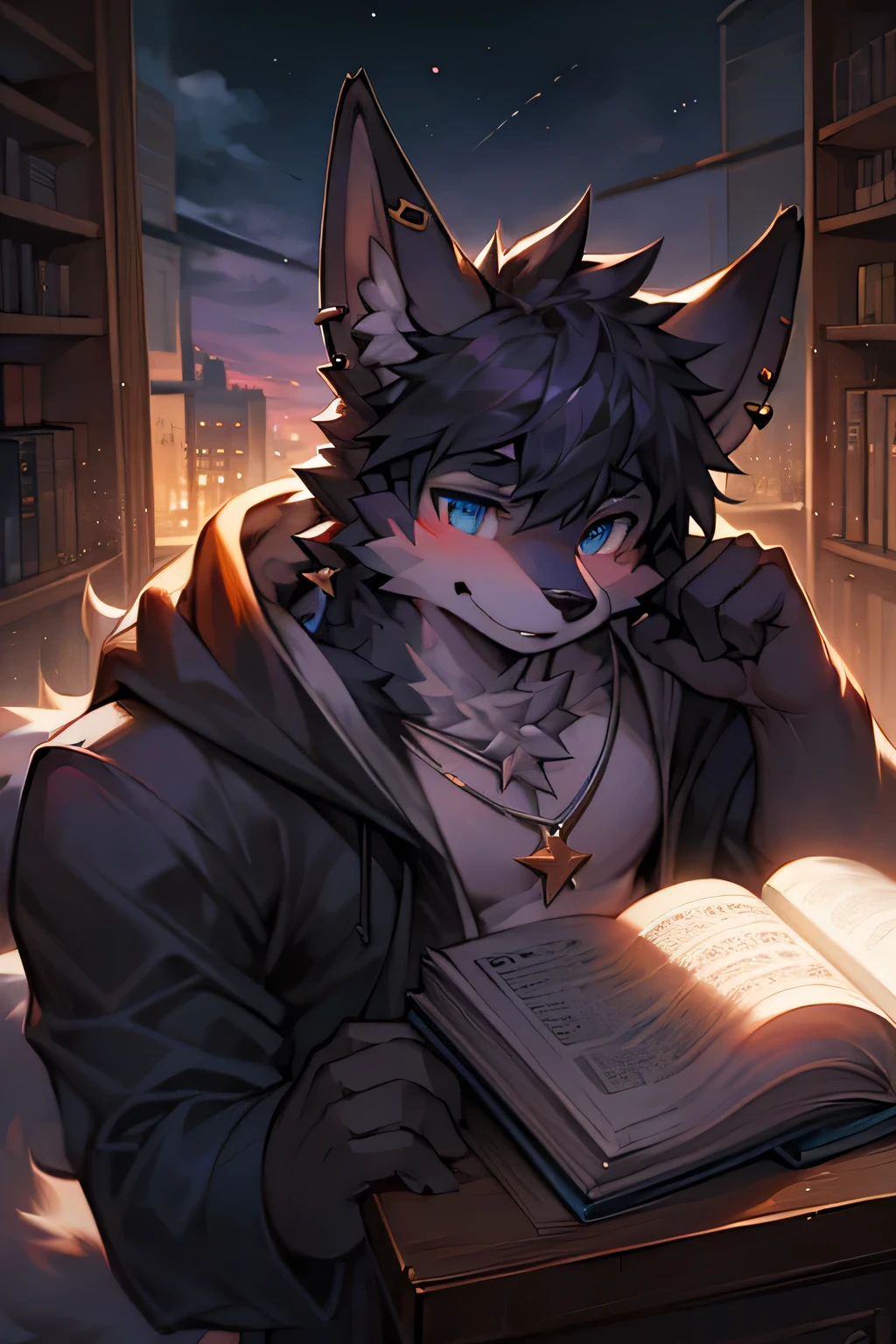 Masterpiece,High quality portrait,highest definition,Masterpiece,High quality portrait,highest definition,Black fox, single, male, young, elegant, strong, with blue left eye, purple right eye, metal earrings on his ears, wearing a white hooded sweatshirt, in the school dormitory, with astronomy books on the desk,black hair，a star necklace，black fox