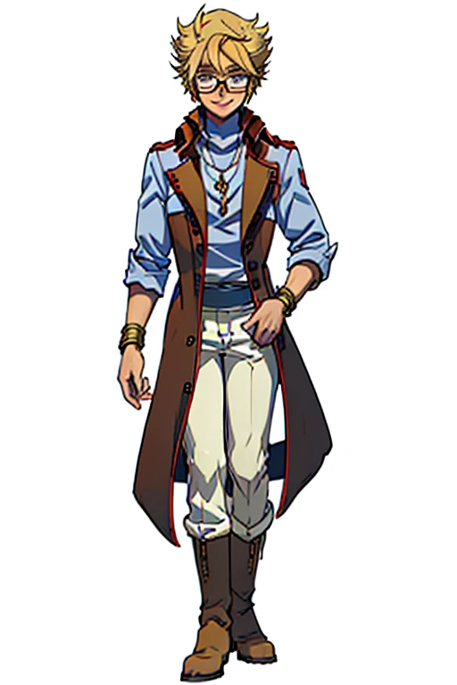 male, blonde short hair, blue eyes, (((1boy))), (((red sleeveless trench coat))), (black shirt), (red sash), (white pants), (tan boots), (gold bracelets), (necklace with gold pendant), (glasses), long legs, smiling