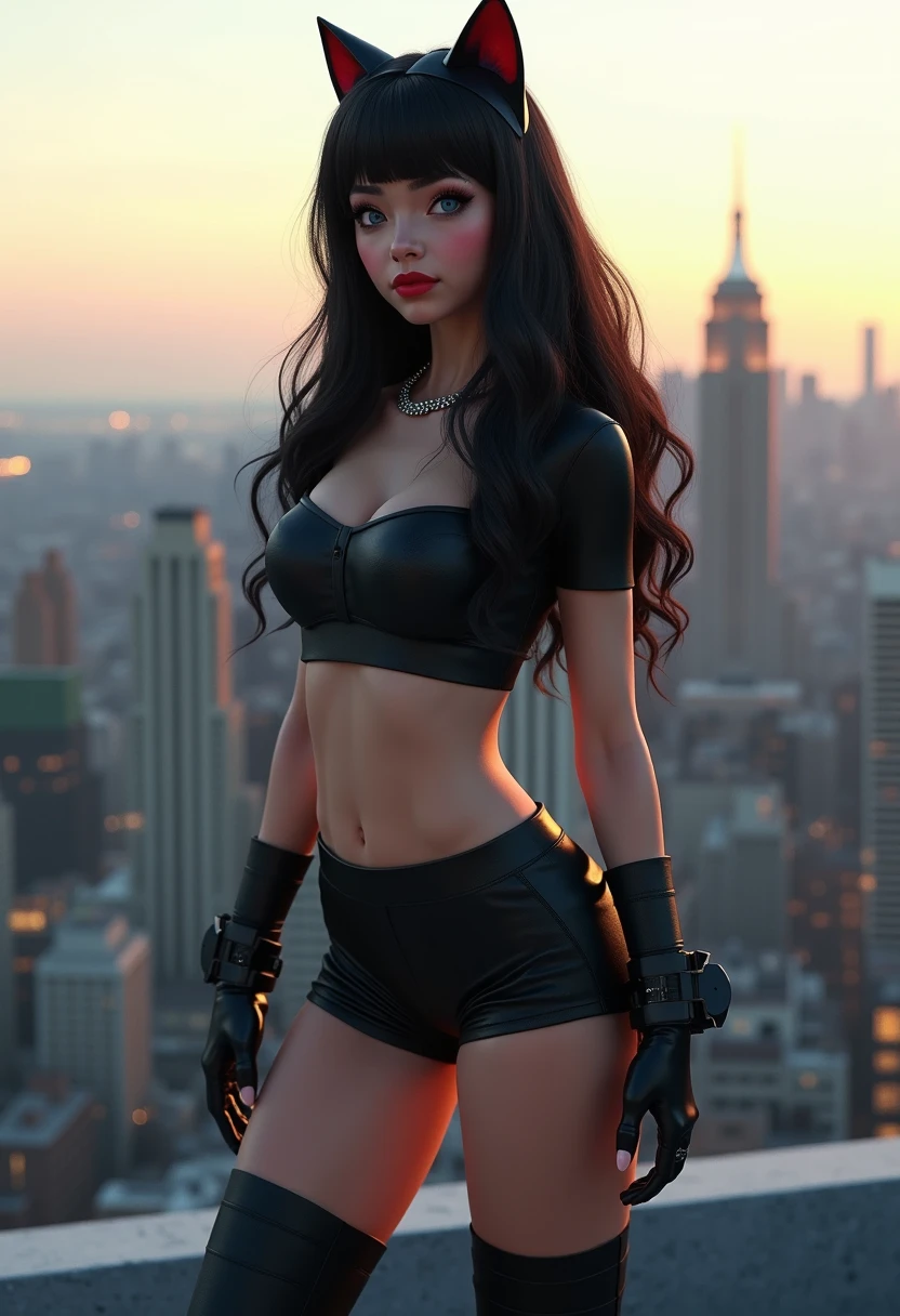 4K, realist, charismatic,  very detailed ,  there is a girl on the roof ,  dressed in a catwoman outfit, She is a cat woman ,  superhero theme , ((( very long black hair))), (((with bangs))), 20 years,  full body , (detail in the eyes), (Details on the face), incredibly beautiful, blue eyes, Blush, invent, red lipstick, Mini skirt, (((  wide hips ))), ((( very thick thighs))), ((( juicy thighs ))),  small breasts, dress,  Thick and small lips , seductive pose, ( an hourglass body extreme ), Muscular, thin, Mini skirt blanca, boots, Fair T-shirt, (((She is standing))) 
