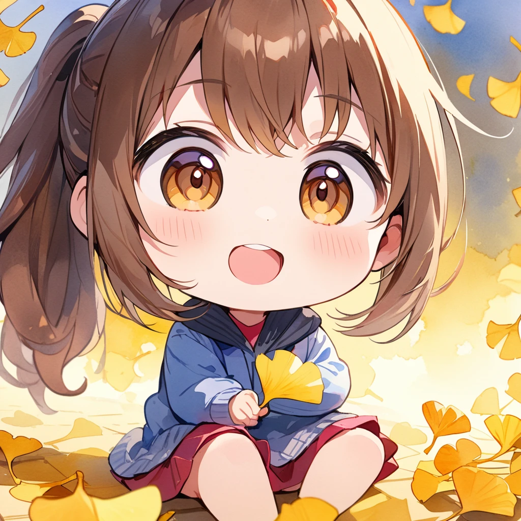 (masterpiece, best quality, hyper detailed:1.4), cute, colorful lighting, (watercolor:1.2),
1 girl, chibi anime, slender, fair skin, medium brown hair, ponytail, floating hair, big droopy eyes, brown eyes,
(yellow ginkgo leaves background:1.1), holding a lot yellow ginkgo leaves,
happy, cheerful grin, sitting on floor, looking away, dutch angle shot,