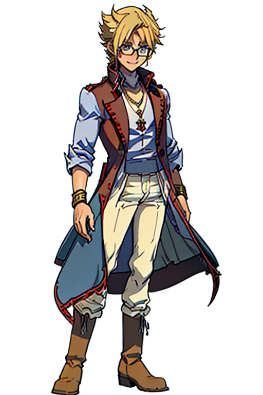 male, blonde short hair, blue eyes, (((1boy))), (((red sleeveless trench coat))), (black shirt), (red sash), (white pants), (tan boots), (gold bracelets), (necklace with gold pendant), (glasses), long legs, smiling