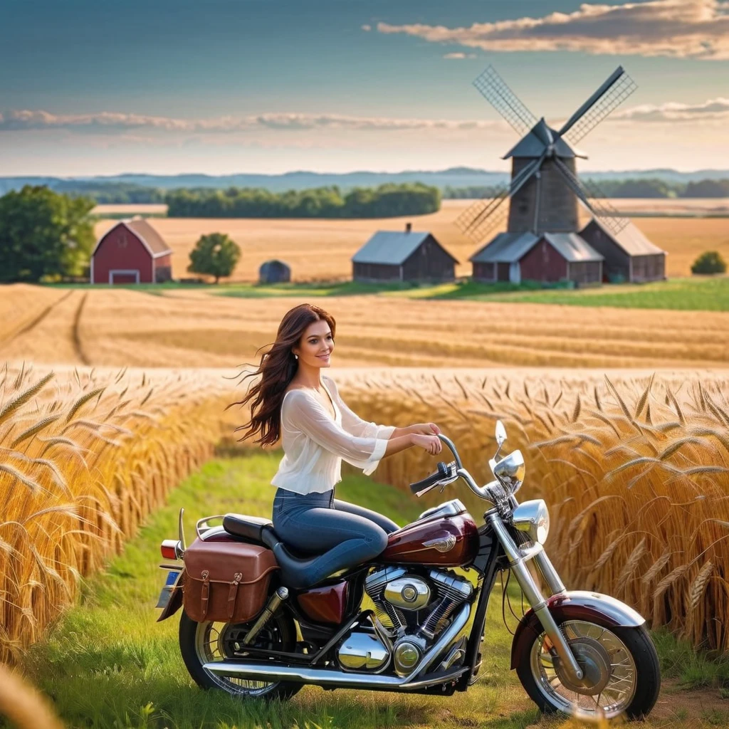 Farm life，female motorcycle riderm windmill，farm buildings，wheat field,Wine barrelarm life