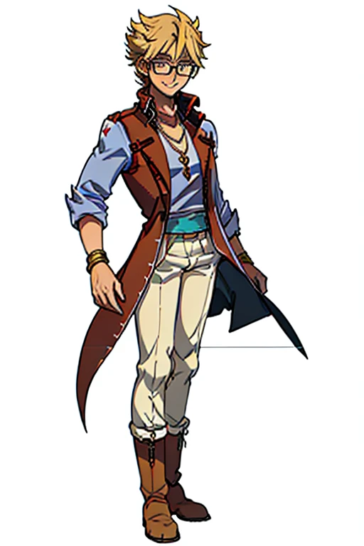 male, blonde short hair, blue eyes, (((1boy))), (((red sleeveless trench coat))), (black shirt), (red sash), (white pants), (tan boots), (gold bracelets), (necklace with gold pendant), (glasses), long legs, smiling