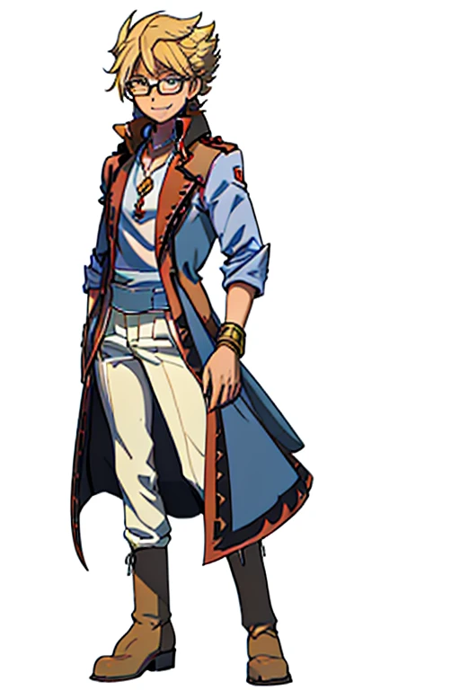 male, blonde short hair, blue eyes, (((1boy))), (((red sleeveless trench coat))), (black shirt), (red sash), (white pants), (tan boots), (gold bracelets), (necklace with gold pendant), (glasses), long legs, smiling