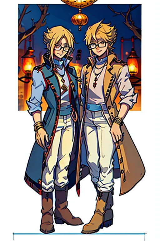 male, blonde short hair, blue eyes, (((1boy))), (((red sleeveless trench coat))), (black shirt), (red sash), (white pants), (tan boots), (gold bracelets), (necklace with gold pendant), (glasses), long legs, smiling