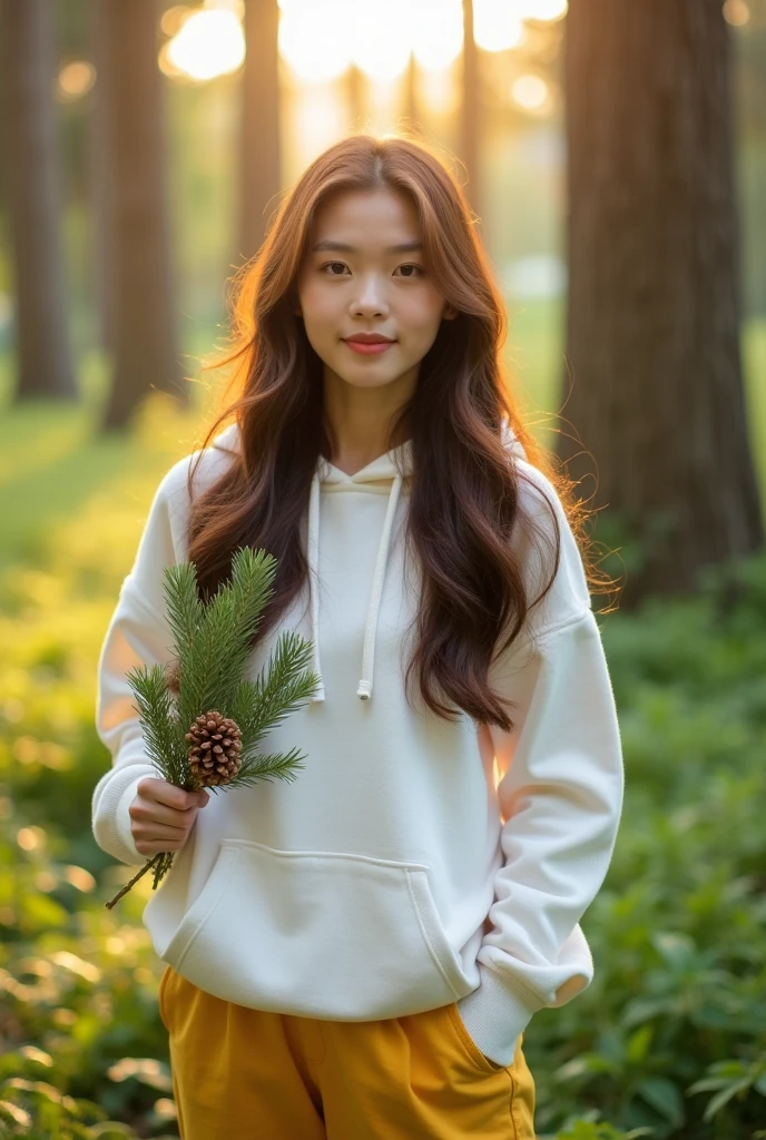 Subject: An Asian woman with long, wavy brown hair.
Pose: A beauty pose that highlights her features.
Outfit: White hoodie and yellow pants for a vibrant and casual look.
Accessories: A bracelet on her left wrist, adding a personal touch.
Props: Holding a small bunch of pine cones, which ties her to the natural setting.
Location: A sunlit forest with tall trees and greenery, creating a serene atmosphere.
Lighting: Natural, soft, and warm lighting from the setting sun to create a magical effect.
Camera Angle: A slightly low angle that emphasizes her beauty and creates a sense of depth.
Background: Blurred to keep the focus on her, while still conveying a lush forest environment.
Composition: Following the rule of thirds, ensuring the subject is off-center for a more dynamic image.
Mood: Calm and tranquil, evoking a sense of peace and connection with nature.