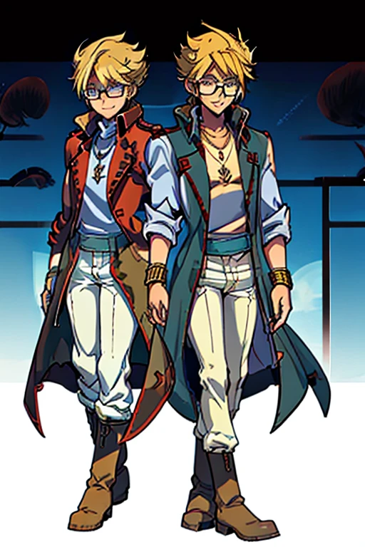 male, blonde short hair, blue eyes, (((1boy))), (((red sleeveless trench coat))), (black shirt), (red sash), (white pants), (tan boots), (gold bracelets), (necklace with gold pendant), (glasses), long legs, smiling