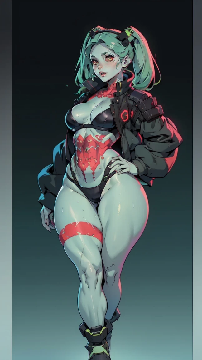 1girl, red sclera,red pupils, cyborgunder, tattoo, green hair,colored skin, rebecca/cyberpunk, half-open jacket, highthigh, high knee boots, long sleeves, , big red eyes, pigtails, green hair, small breasts,  thick thighs, thigh gap, plump thighs, shinny thighs, muscular thighs, beautiful thighs, sweaty thighs, sweatdrop thighs, oiled thighs, large hips, narrow waist, thick calves, long legs, sexy beautiful woman, full body shot, full body, toned body, muscular female, shredded abs, fitness, small breasts. Looking at viewer. slim body. extra big sweatshirt 