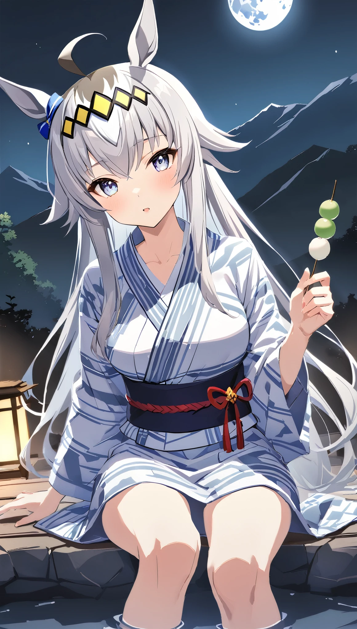 Oguri Cap\(umamusume\)、ahoge,silver hair,long hair,yellow hairband,Solo,Large outdoor hot spring in the mountains,full moon night, yukata, looking at viewer,medium breasts,sit, Dango,small
