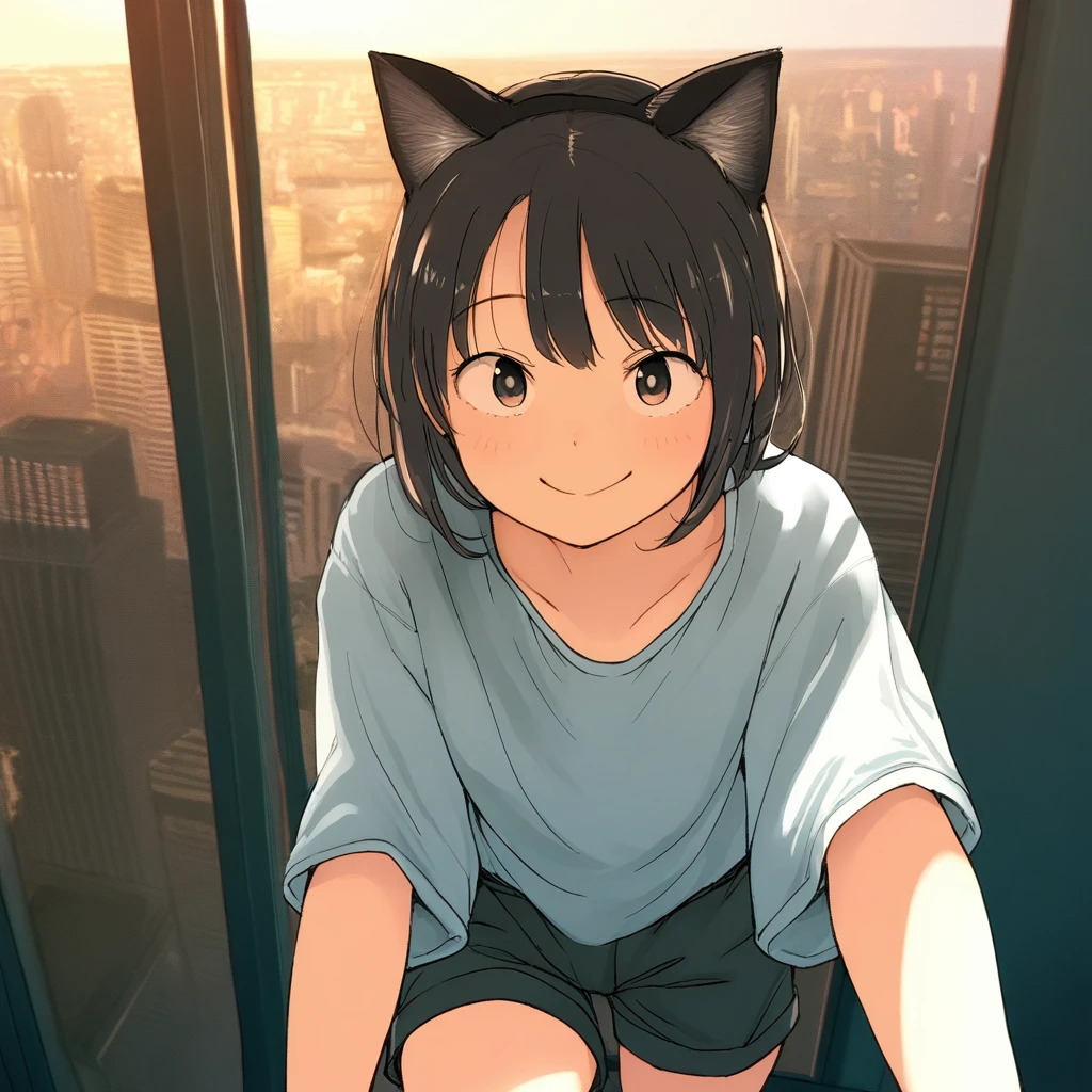 masterpiece, best quality, very aesthetic, absurdres, 1girl, (hataraki_ari:0.7), cat ears, shirt, shorts, city background, smile