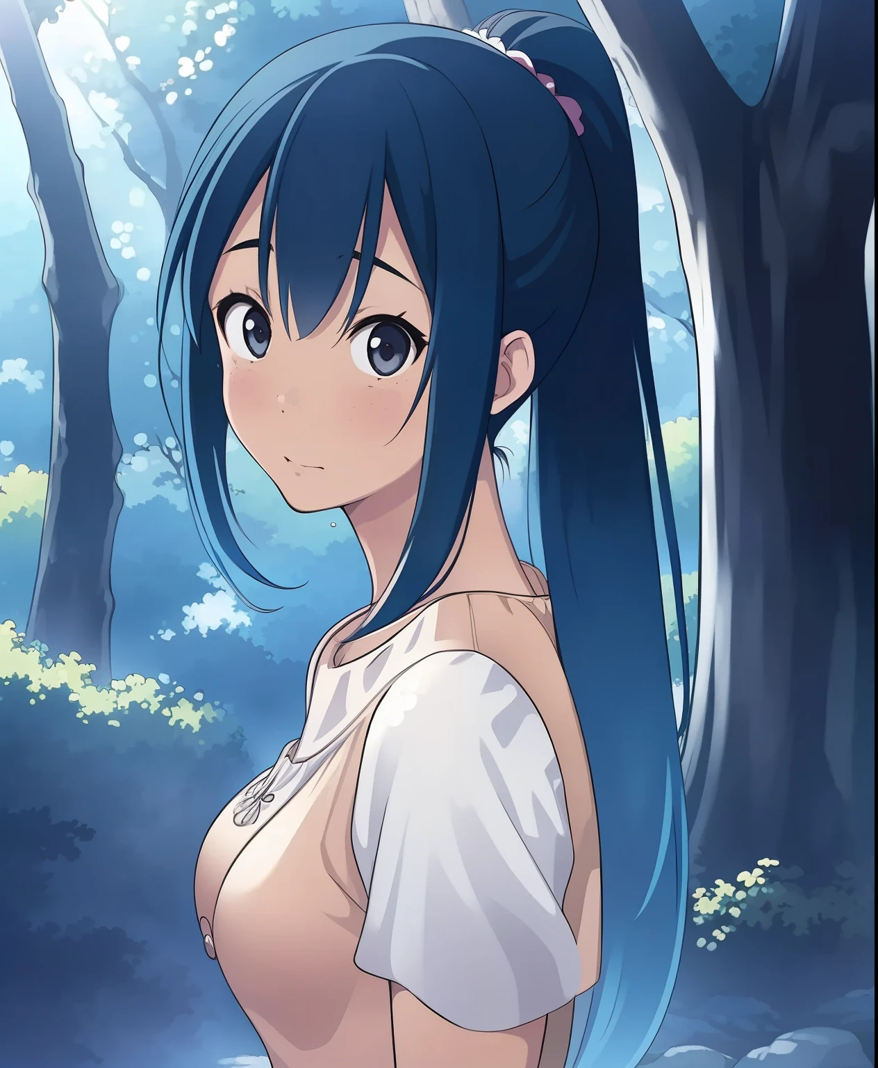(masterpiece、Best Quality、Best Quality、Official Art、Beautiful and beautiful:1.2)、(One person:1.3),Beautiful breasts, girl、(masterpiece), (Best Quality), (Super detailed),(Bedhead),(Illustration), (One person女の子), ( Fashionable Clothes ), is standing, Fashion Model, in an ancient forest , (Interview), ( simple background ), Beautiful, Detailed Eyes , Delicate and Beautiful Face , floating,(High saturation),( colorful splashes), Colorful Bubbles ,(Shine), face with the crowd , ponytail, Ayaka Kamisato, Light blue hair, bangs, Hair Ring, Floating Flower, my hair is fluttering】, (Shine), best lighting, best shadow ,