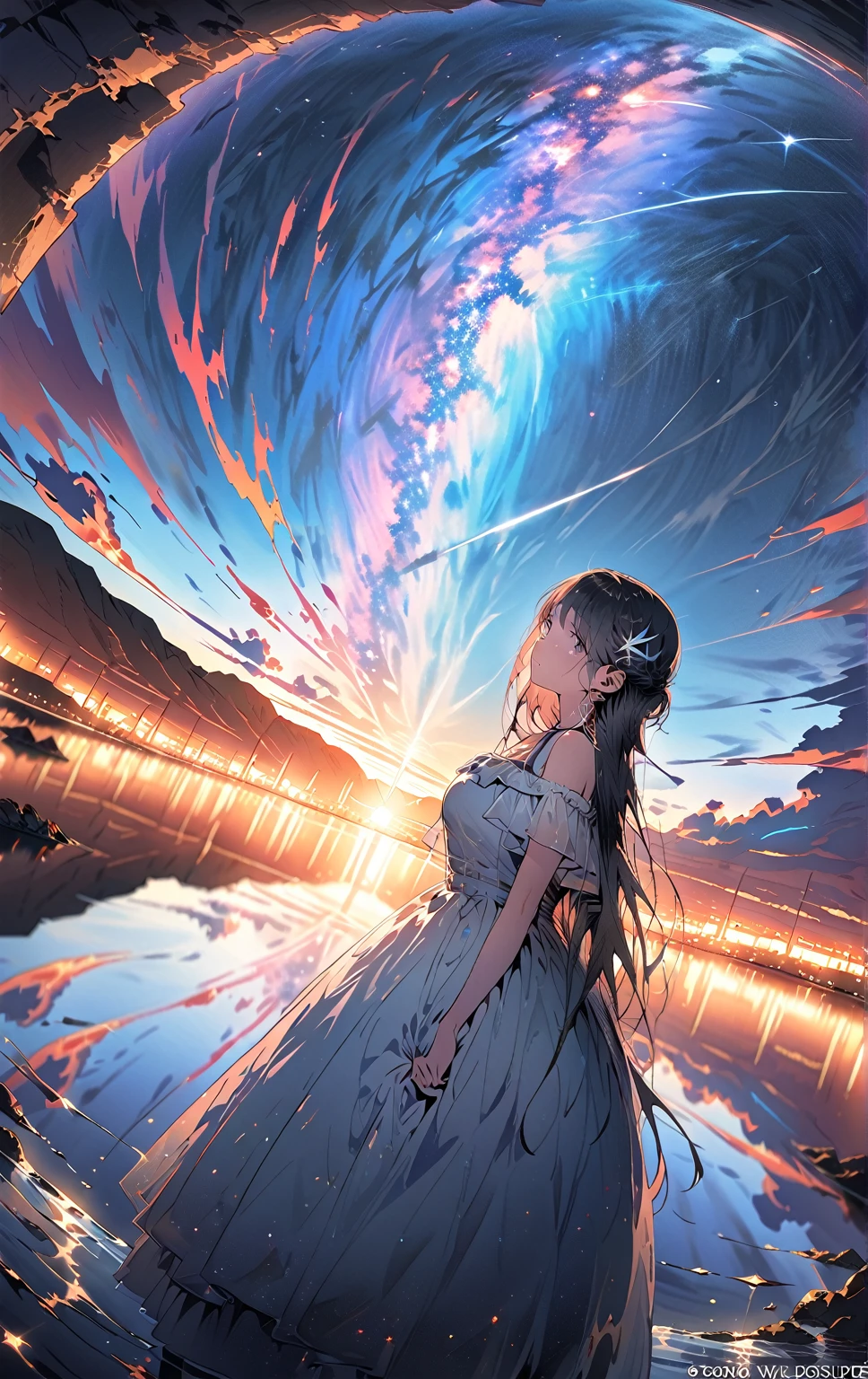 Official Art, Detailed wallpaper,Integrated 8K wallpapers,  very detailed,  masterpiece,  best image quality，Ultra Wide Angle，night， girl bust up,Clear your face ，Standing by the salt lake，The water is like a mirror，Reflecting the sky,Look up at the sky，The Milky Way is in the sky， dynamic angle , Grace,  bright color