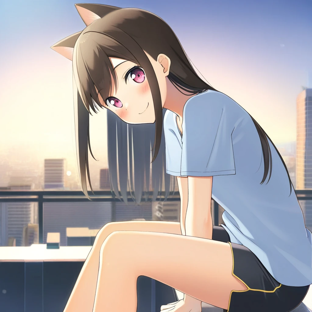 masterpiece, best quality, very aesthetic, absurdres, 1girl, (apollo /(hu maple/):0.7), cat ears, shirt, shorts, city background, smile