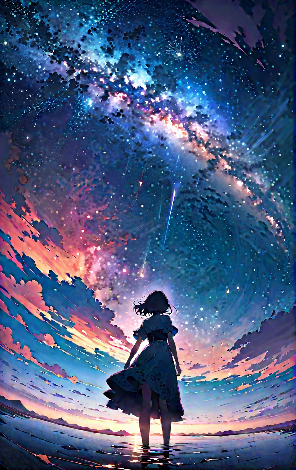 Official Art, Integrated 8K wallpapers,  very detailed,  masterpiece,  best image quality，Ultra Wide Angle，night， girl bust up,Clear your face ，Standing by the salt lake，The water is like a mirror，Reflecting the sky,Look up at the sky，The Milky Way is in the sky， dynamic angle , Grace,  bright color