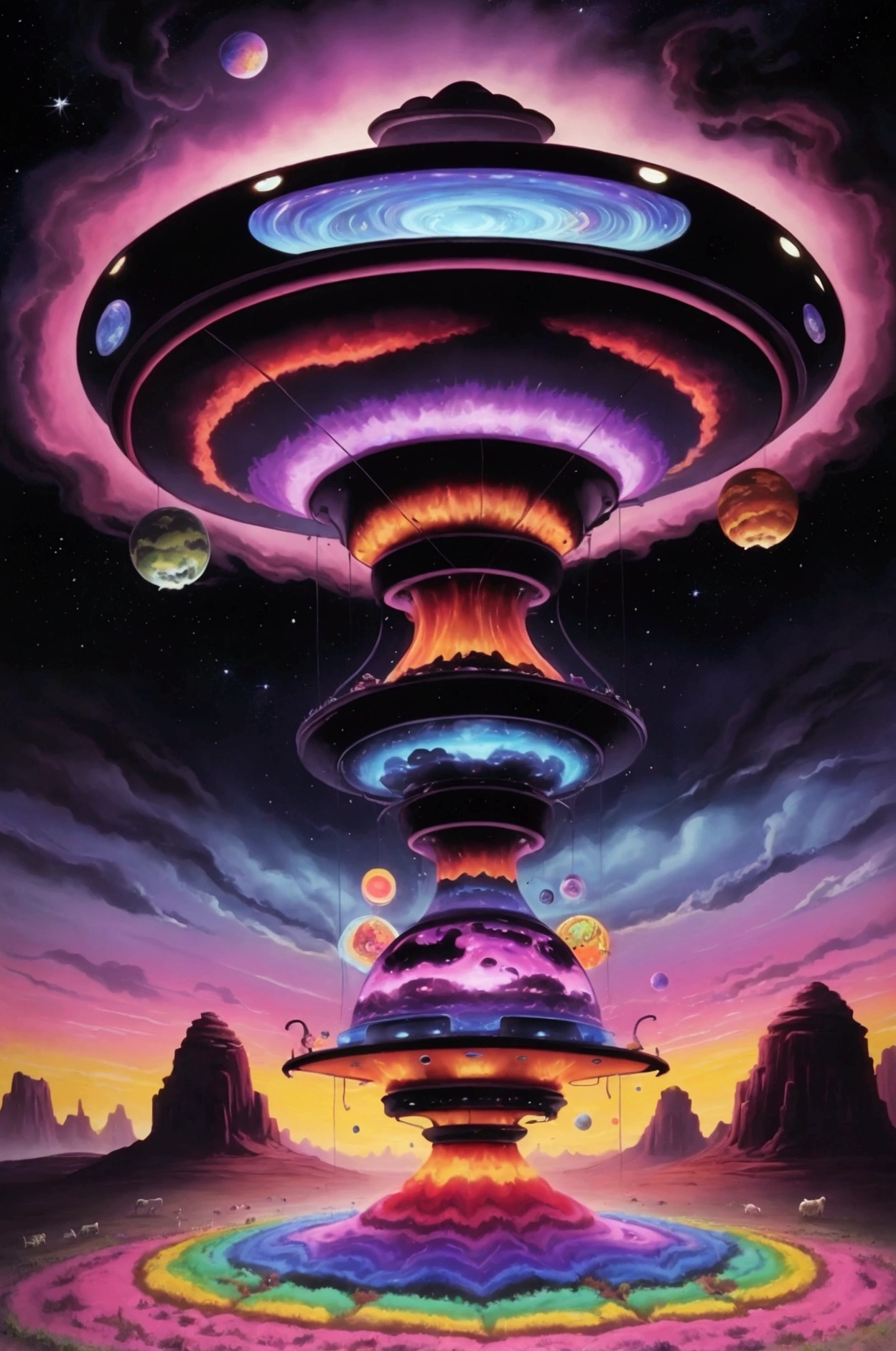Cows in front of a flying saucer、Ranch、 psychedelic、 Space LSD Poster Art 、cosmic horror、Trippy Art、Terraforming、Acid trip、