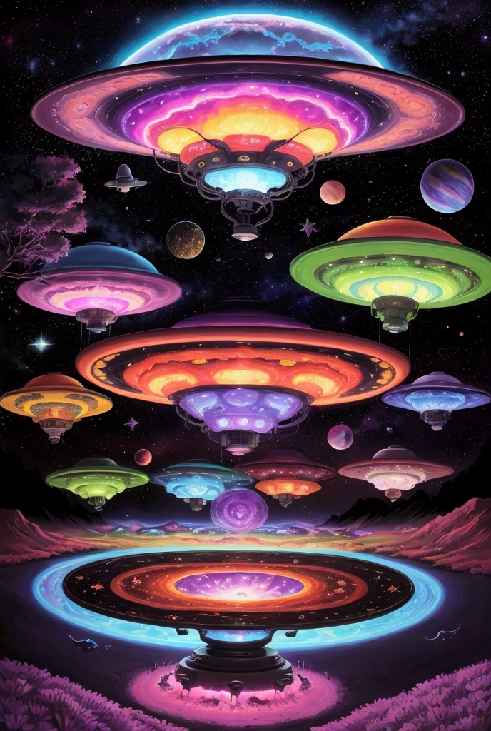 Cows in front of a flying saucer、Ranch、 psychedelic、 Space LSD Poster Art 、cosmic horror、Trippy Art、Terraforming、Acid trip、