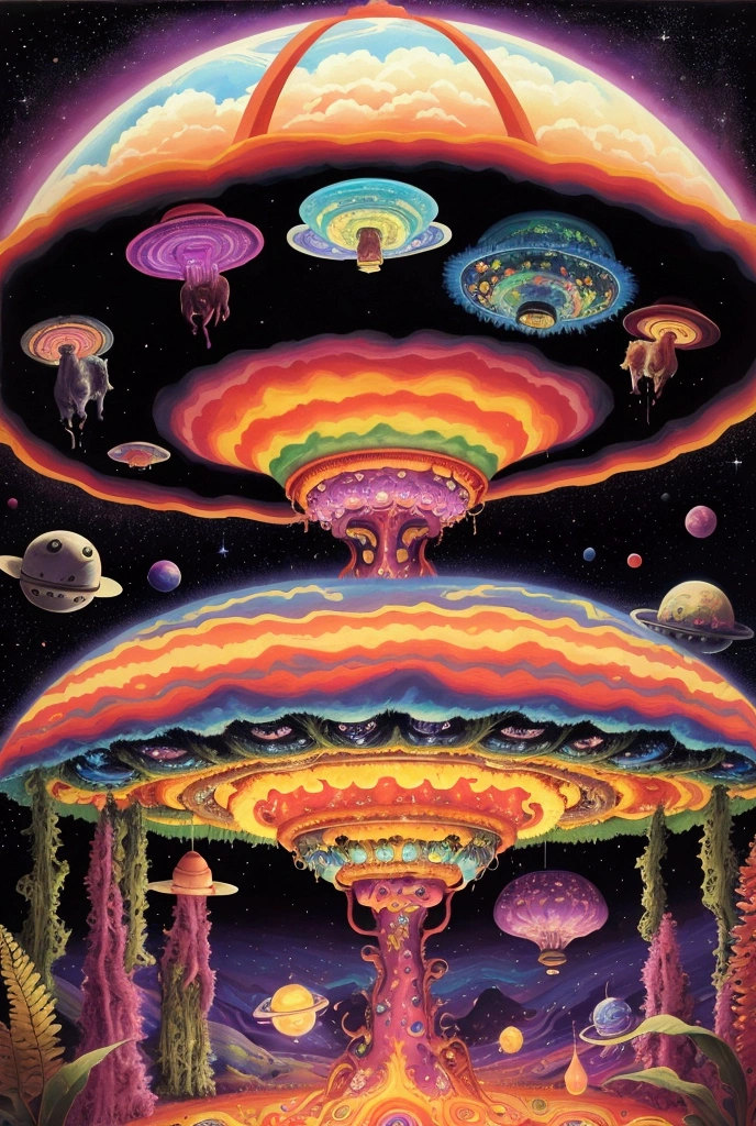 Cows in front of a flying saucer、Ranch、 psychedelic、 Space LSD Poster Art 、cosmic horror、Trippy Art、Terraforming、Acid trip、