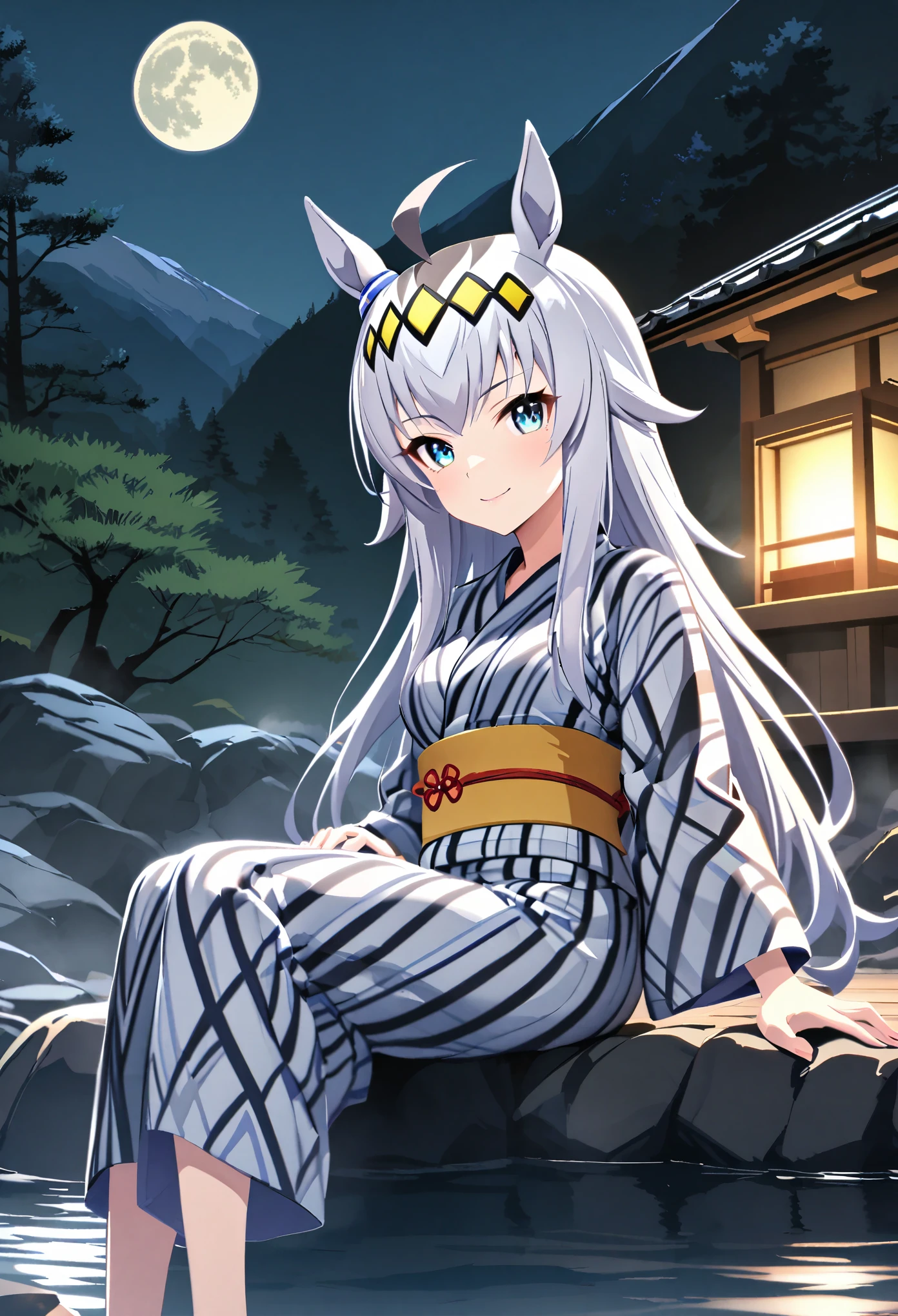 Oguri Cap\(umamusume\)、ahoge,silver hair,long hair,yellow hairband,Solo,Large outdoor hot spring in the mountains,full moon night,smile, yukata, looking at viewer,medium breasts,sit