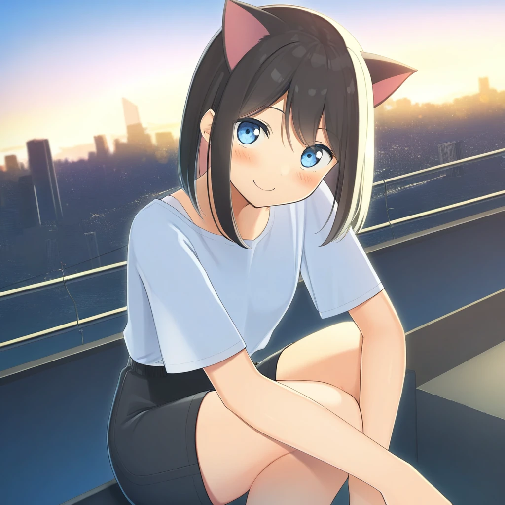 masterpiece, best quality, very aesthetic, absurdres, 1girl, (apollo /(hu maple/):0.7), cat ears, shirt, shorts, city background, smile