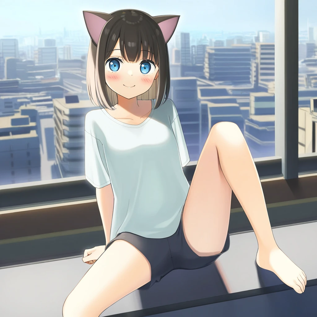 masterpiece, best quality, very aesthetic, absurdres, 1girl, (apollo /(hu maple/):0.7), cat ears, shirt, shorts, city background, smile