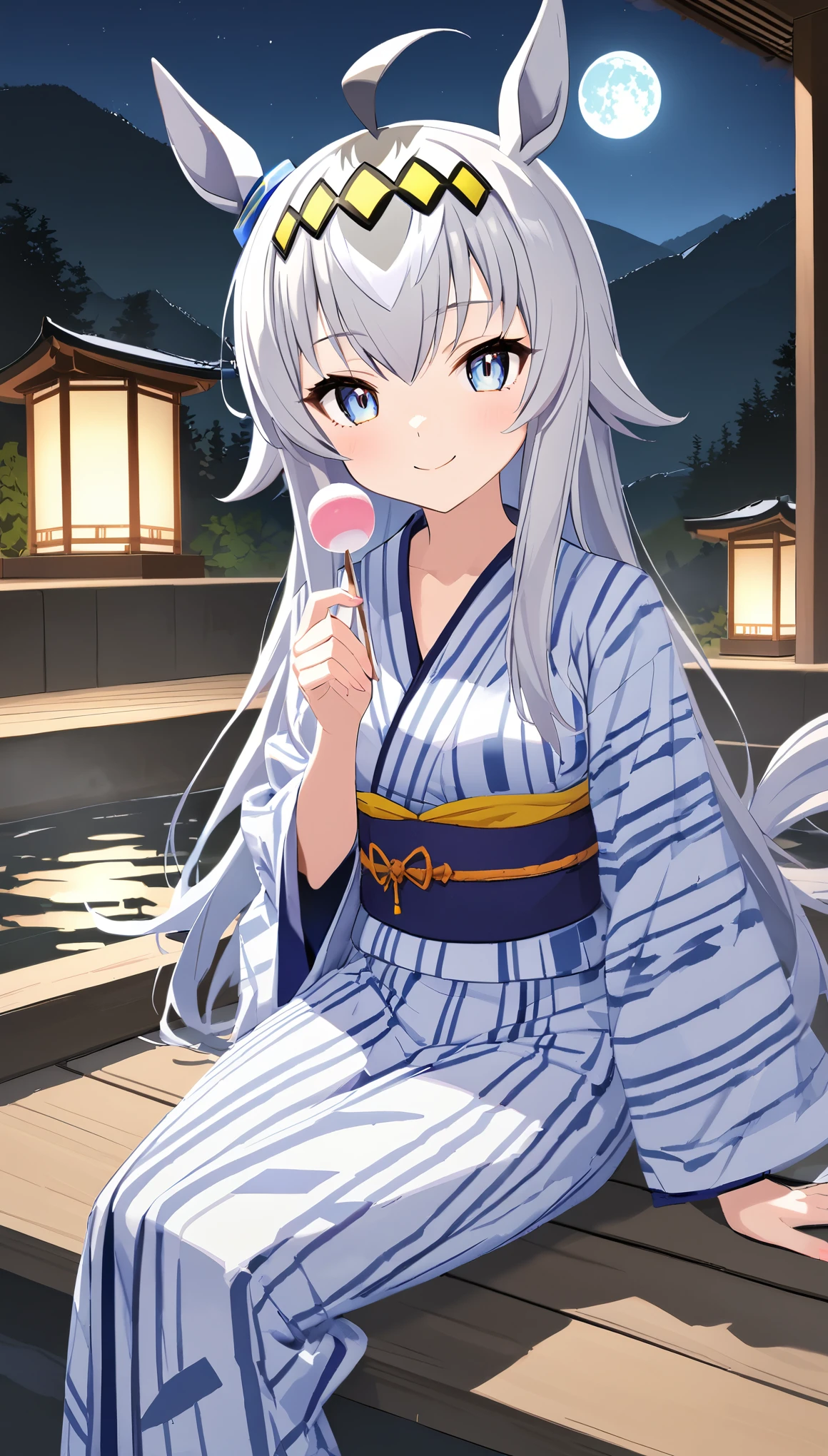 Oguri Cap\(umamusume\)、ahoge,silver hair,long hair,yellow hairband,Solo,Large outdoor hot spring in the mountains,full moon night, yukata, looking at viewer,medium breasts,sit, Dango,smile