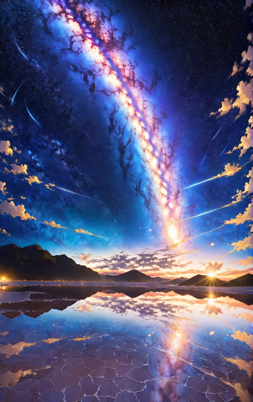 Official Art, Integrated 8K wallpapers,  very detailed,  masterpiece,  best image quality，Ultra Wide Angle，night， girl bust up,Clear your face ，Standing by the salt lake，The water is like a mirror，Reflecting the sky,Look up at the sky，The Milky Way is in the sky， dynamic angle , Grace,  bright color