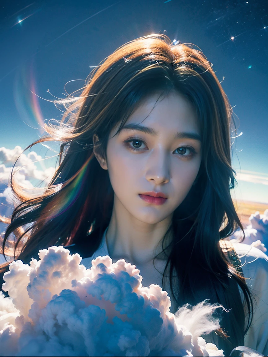  fuzzy art  (ethereal:1.2) cosmic goddess dissolving into Blurry clouds ,  colorful , blurred texture, Blurry clouds ,  beautiful female faces made entirely of clouds ,  watching viewer , space