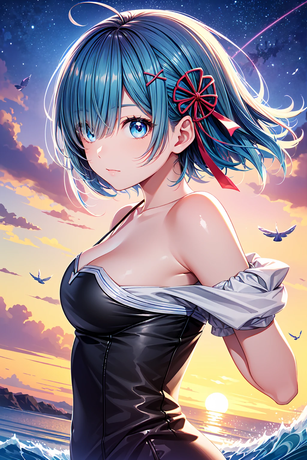 (masterpiece, best quality:1.2), (8k, extREMely detailed CG), REM, REM_re_Zero, 1girl, blue eyes, blue hair, short hair, hair over one eye, (detailed beautiful eyes, shiny skin), (collarbone:1.2), off-shoulder shirt, medium breasts, cleavage , (天界から舞い降りた女神のようなREM), ( Lots of feathers flying around ),  A beautiful scene with a dazzling sunset , milky way, Mysterious gradation , (Wave the Holy Sword), from side, dynamic pose