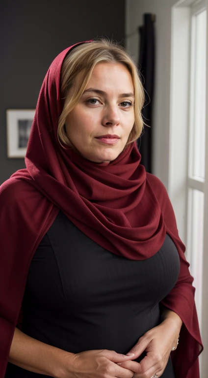 Full body shot pic of mature,sexy european Swedish  blonde mom, sexy milf, hot , chubby, cute face,standing in room, 45yo, wearing red Cotton shawl and black  burka,(cinematic:1.3), intricate details, (ArtStation:1.2),detailed face, 4k, UHD,beautiful eyes, realistic skin texture,hairs tied up,