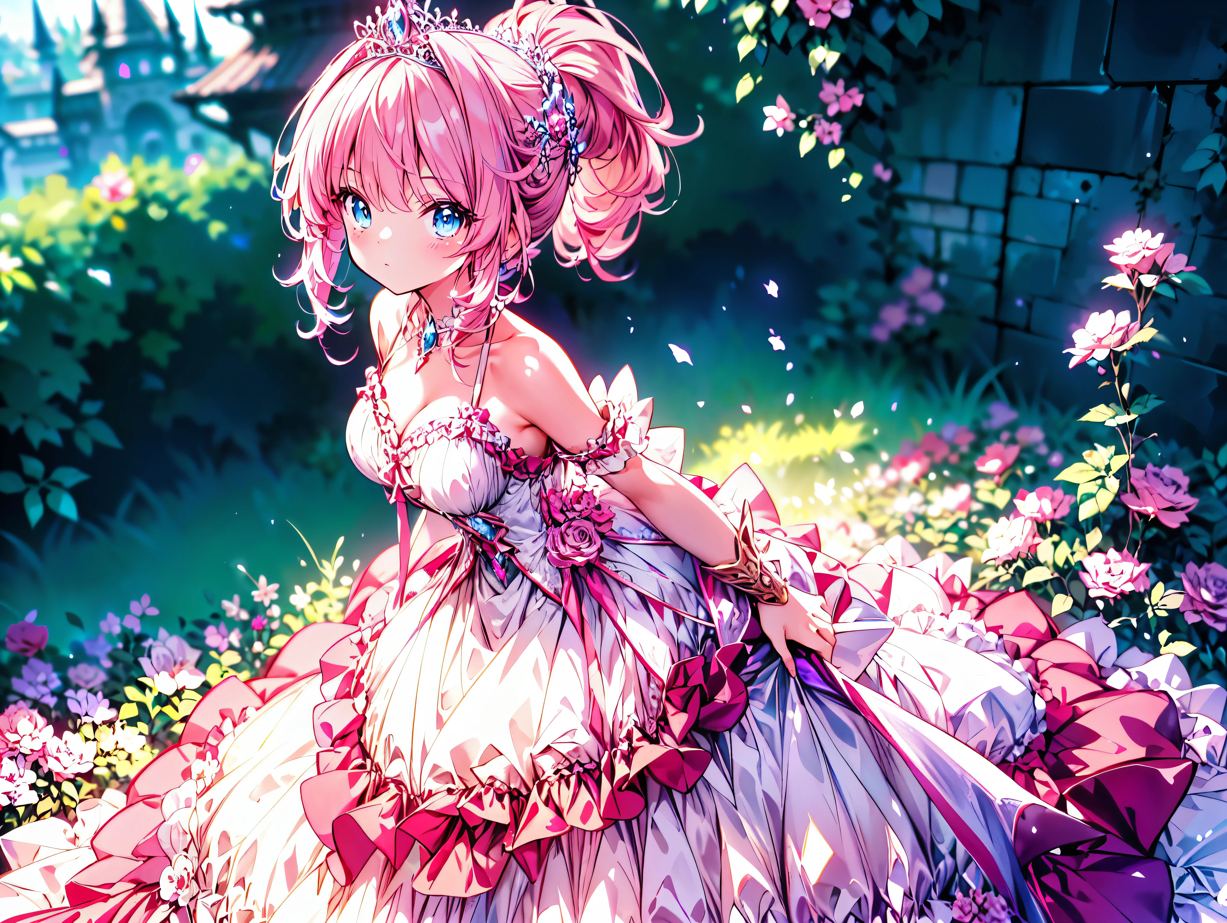 ((Superbly detailed drawing, ultra detailed, exquisite quality, absolutely resolution)), ultra luxurious rococo victorian gown, huge hoop skirt with volume and expanse, princess style skirt with long hems, extremely complex and difficult understand structure, and ultra multi structured ruffles at ultra detailed and beautiful, finest gown,  
BREAK 
(((hair pink hair))), ((fluffy long ponytail)), super voluminous long expressive, asymmetrical bangs, tiara, huge breasts, shy smile, super detailed skin, super delicate and beautiful face, kawaii face, 
BREAK 
 (eyes blue eyes), (blurry background:1.5), (depth of field), backlighting, caustics, ((fog, fantasy castle)), (dynamic angle:1.3), amazing digital paint, (anime moe art style:1.3), magnificent panorama view, 
BREAK 
 (((young face solo princess))), ((looking at viewer, looking up, from above, leaning forward, from front view)), (((arms behind back))), ((full body)), 