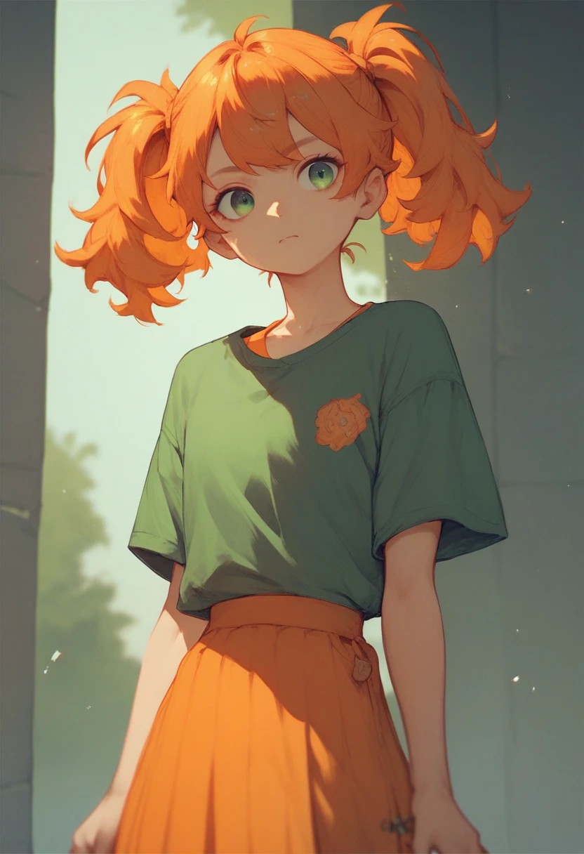 Orange pigtails hair girl with green eyes wearing orange shirt with redish orange skirt 