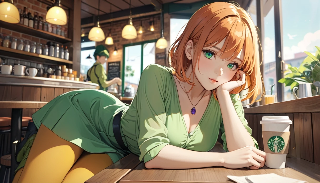 1girl, green eyes, purple pendant, orange hair, medium hair +++ yellow pantyhose, green dress,  light green shirt, green boots Hiding face with arm, looking to the side, extremely quality extremely detailed, illustration, cute anime face cinematic lighting,German woman sitting at a cafe table drinking coffee、Emma&#39;s photo。Sunlight from the window,  blue hair ,  dynamic poses,  skin texture, Pale skin, shiny skin, (slim,  smaller:1.2), [:(  Focus on the Face  ,   detail face  , Perfect Eyes,  viewer:1.2):0.2], Realistic,  film grain , Best Quality, masterpiece