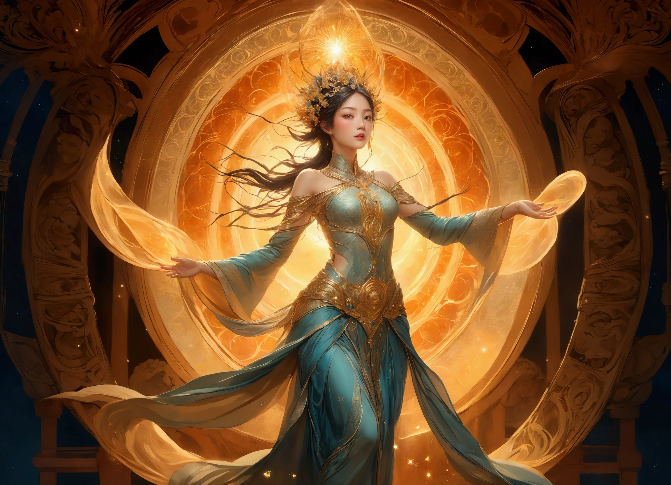 "An ancient temple of divine mysteries, bathed in an effervescent glow. Spectral entities, wreathed in coronas of celestial light, gather at the heart of this sacred precinct, channeling potent metaphysical forces through graceful mudras and esoteric gestures. The atmosphere vibrates with charged particles, forming swirling eddies of illumination that drift and cascade through the air, casting a kaleidoscopic radiance upon the ornate architecture. Rendered in meticulous 16-bit color depth, with every intricate detail meticulously captured to evoke a transcendent, awe-inspiring experience."
Countless glowing energy particles dance through the air, filling the scene with a captivating, otherworldly glow. the dynamic energy lines are all rendered in exquisite, high-definition clarity, bringing the vibrant, multi-dimensional landscape to life. (((distant view))), ((( full body)))
4k, symmetrical, soft lighting, artstation trends, intricate details, high detail, pencil drawing, sketch, unreal, ann Stokes, Ross Tran, vlop, artgerm and James Jean, Brian Froud, art illustration by Miho Hirano, Nyimi Kanani, oil on canvas by Aikuta Aidogdu, oil painting, heavy brush strok