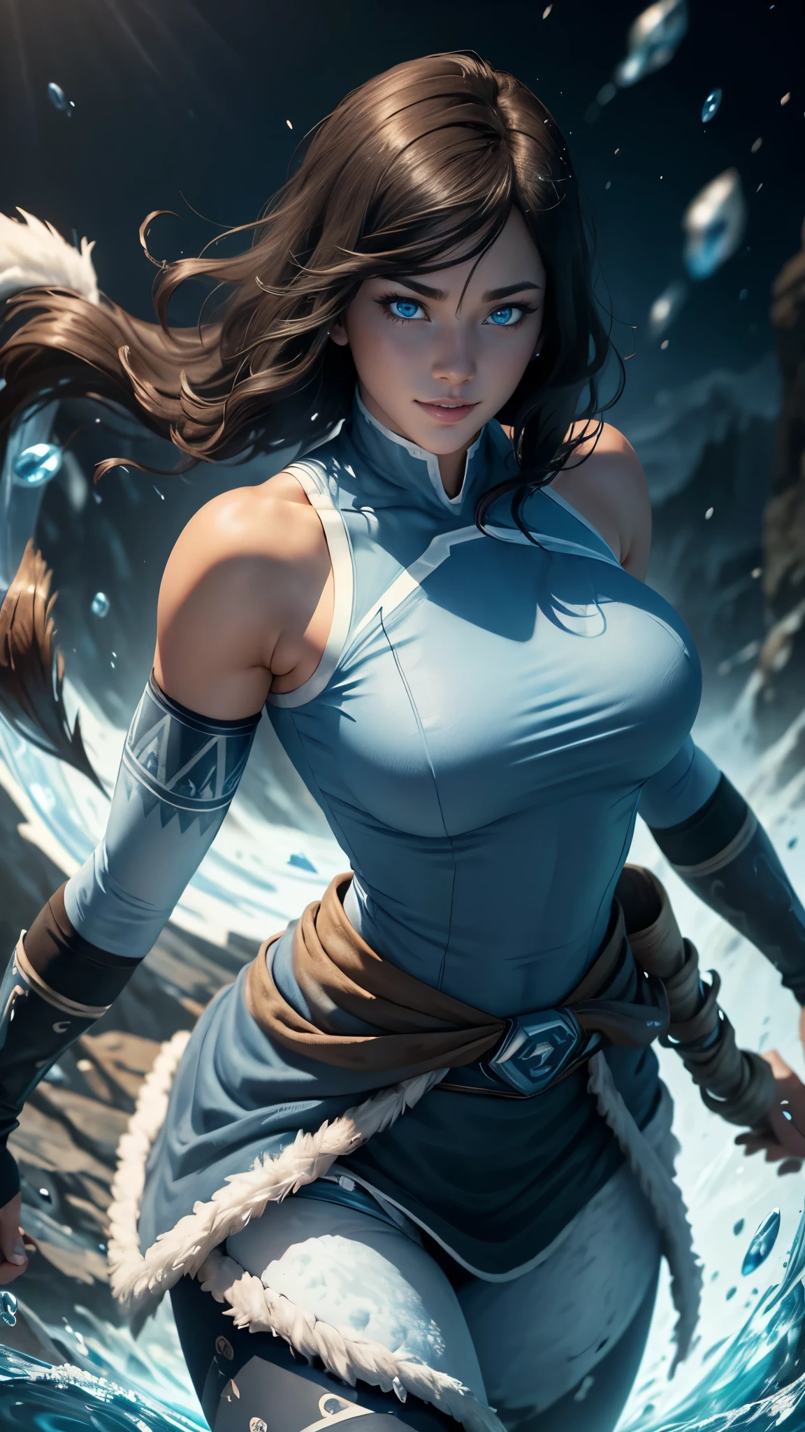 Korra da avatar,(best quality, 4K,8k,high resolution,work of art:1.2)(weather: snowing), tundra background, artic village, wide hips, short straight hair, brown hair, freckles, sleeveless tribal top, winter belt, tight tribal leggings, fur boots, bracelets, elbow long gloves, light makeup, dark eyeshadow, blush, flirty pose, glowing eyes, ultra detailed,portrait,realistic,beautiful detailed blue eyes, beautiful detailed lips,extremely detailed eye and face, long eyelashes,average, large breasts,flying hair,beaming smile, sexy smile, powerful girl, bright coloured, dramatic lighting, water bending, cold breath,