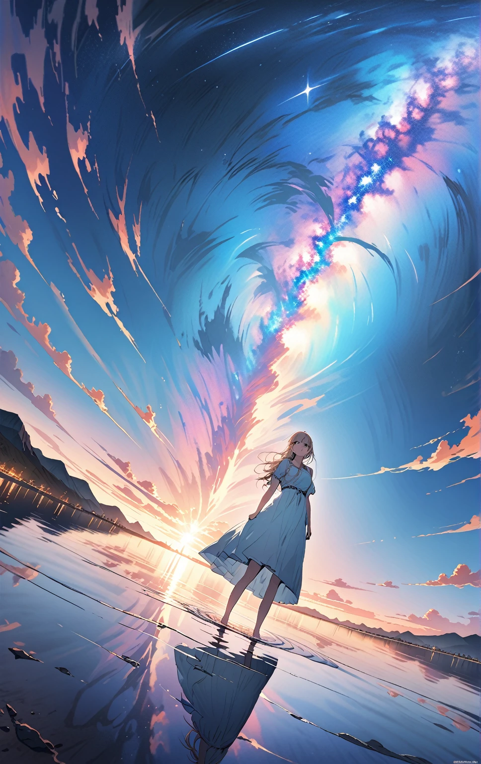 Official Art, Detailed wallpaper,Integrated 8K wallpapers,  very detailed,  masterpiece,  best image quality，Ultra Wide Angle，night， girl bust up,Clear your face ，Standing by the salt lake，The water is like a mirror，Reflecting the sky,Look up at the sky，The Milky Way is in the sky， dynamic angle , Grace,  bright color