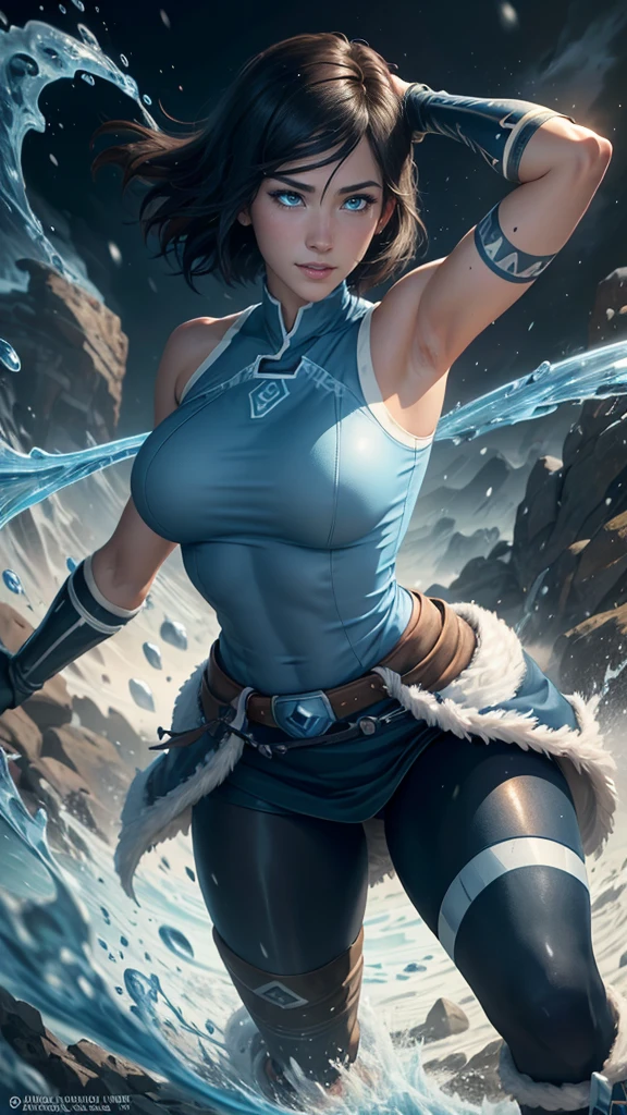 Korra da avatar,(best quality, 4K,8k,high resolution,work of art:1.2)(weather: snowing), tundra background, artic beach, wide hips, short straight hair, brown hair, freckles, sleeveless tribal top, fur belt, tight leggings, winter boots, elbow long gloves, light makeup, tribal tattoos, dark eyeshadow, blush, sexy pose, glowing eyes, ultra detailed,portrait,realistic,beautiful detailed blue eyes, beautiful detailed lips,extremely detailed eye and face, long eyelashes,average, large breasts,flying hair,beaming smile, sexy smile, powerful girl, bright coloured, dramatic lighting, water bending,