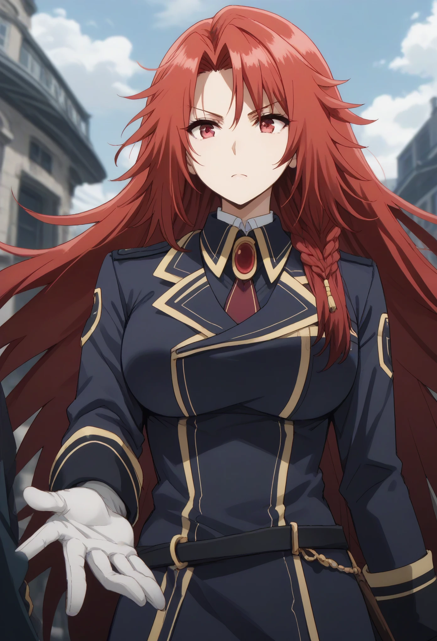 iris midgar, long hair, red eyes, braid, red hair, skirt, gloves, long sleeves, jacket, necktie, white gloves, uniform, military, military uniform,clavage,huge breast\
