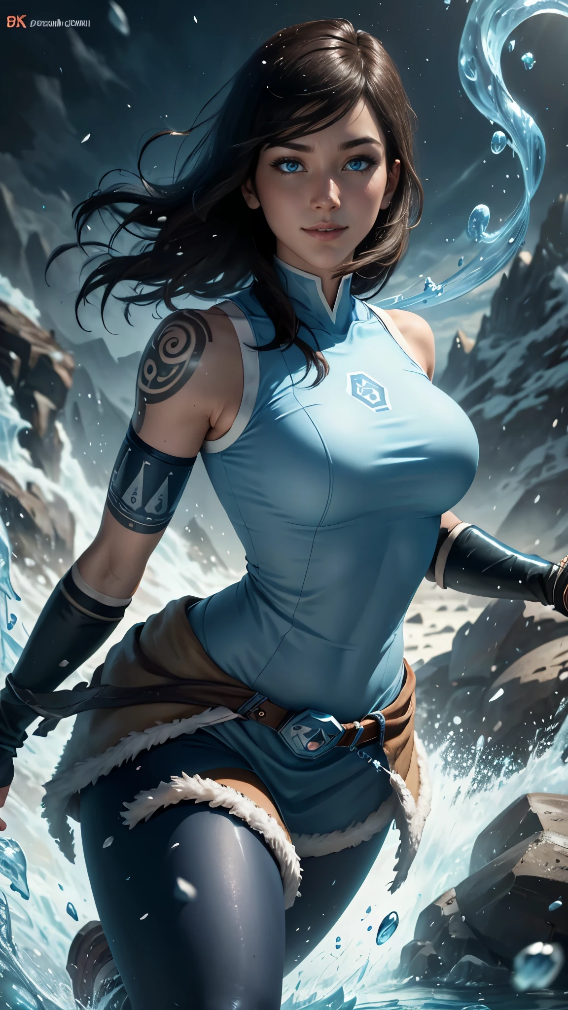 Korra da avatar,(best quality, 4K,8k,high resolution,work of art:1.2)(weather: snowing), tundra background, artic beach, wide hips, short straight hair, brown hair, freckles, sleeveless tribal top, fur belt, tight leggings, winter boots, elbow long gloves, light makeup, tribal tattoos, dark eyeshadow, blush, sexy pose, glowing eyes, ultra detailed,portrait,realistic,beautiful detailed blue eyes, beautiful detailed lips,extremely detailed eye and face, long eyelashes,average, large breasts,flying hair,beaming smile, sexy smile, powerful girl, bright coloured, dramatic lighting, water bending,