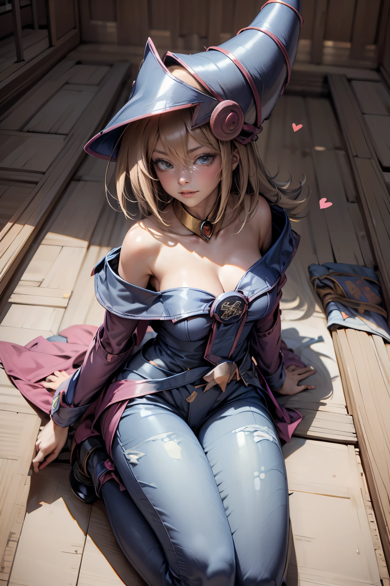 (Obra maestra:1.2), (La mejor calidad:1.2), perfect lighting, Chica Maga Oscura lanzando un hechizo, flotando en el aire, tetas grandes, escote, fondo de magia. Corazones transparente en el hambiente, bata azul, sombrero grande, desde arriba, Destellos, Yugioh Card en el fondo. En tacones y en bikini