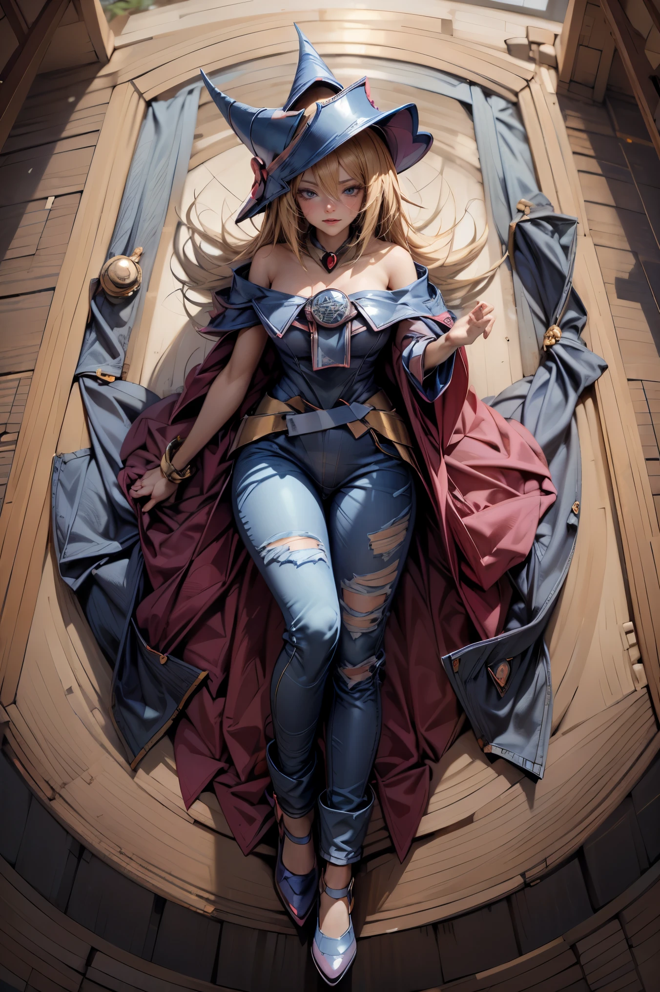 (Masterpiece:1.2), (The best quality:1.2), perfect lighting, Dark Magician Girl casting a spell, in battle. floating in the air, big and visible , wear jeans and heels. transparent neckline, blue robe, big hat, From above, sparkles, Yugio, The magic of the heart, romantic heart.