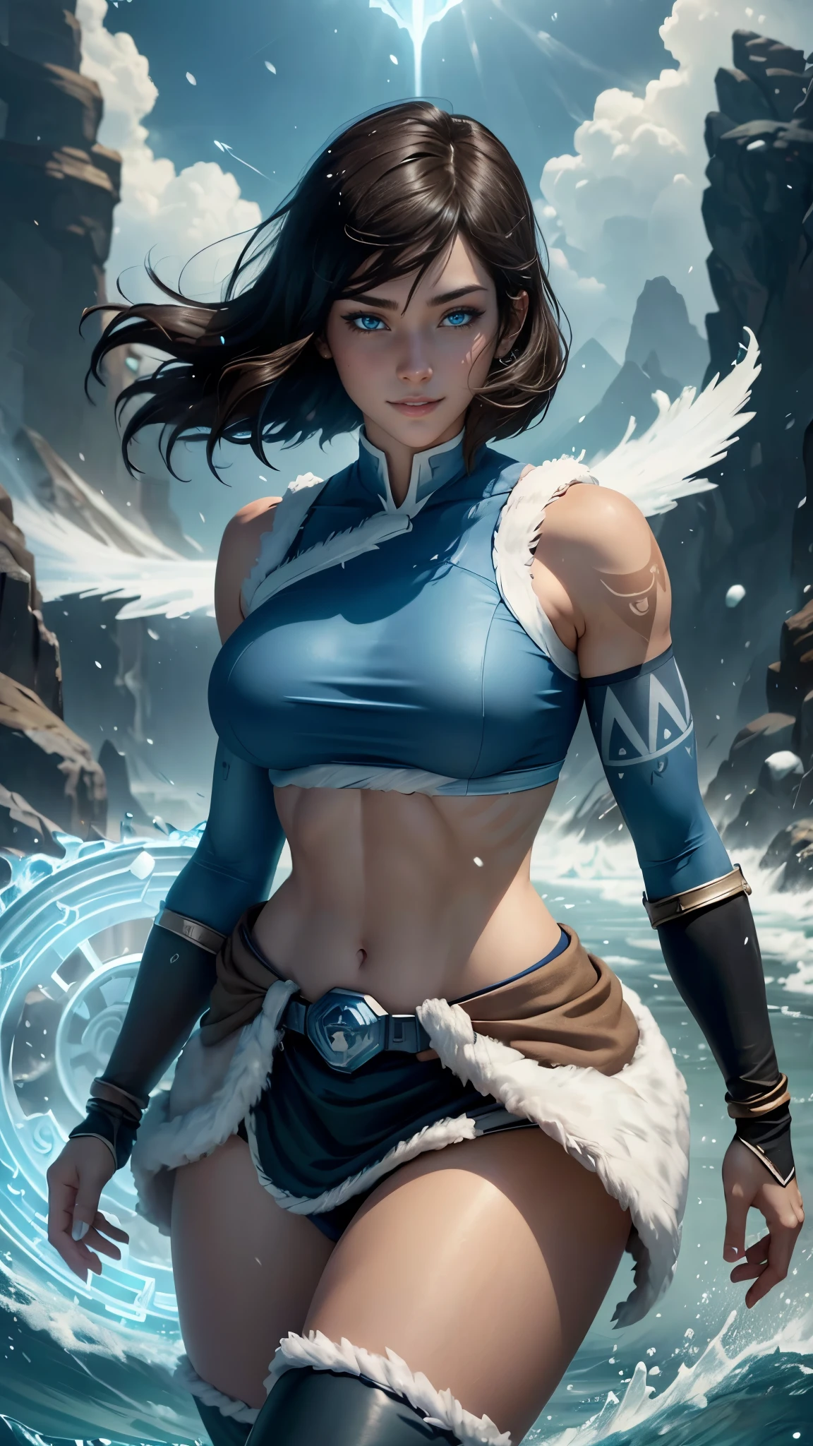 Korra da avatar,(best quality, 4K,8k,high resolution,work of art:1.2)(weather: snowing), tundra background, artic beach, wide hips, short straight hair, brown hair, freckles, sleeveless tribal top, fur belt, tight leggings, winter boots, elbow long gloves, light makeup, tribal tattoos, dark eyeshadow, blush, sexy pose, glowing eyes, ultra detailed,portrait,realistic,beautiful detailed blue eyes, beautiful detailed lips,extremely detailed eye and face, long eyelashes,average, large breasts,flying hair,beaming smile, sexy smile, powerful girl, bright coloured, dramatic lighting, water bending,