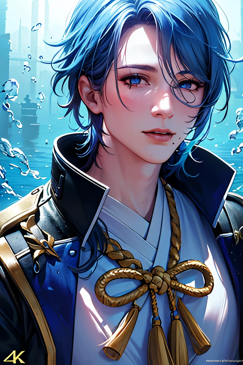 ((bushi:1.3),(1boy:1.2),blue hair, (business_suit), (complex details) ,(beautiful and delicate eyes), blue eyes, green pupils, delicate face,mole_under_mouth, whole body,  holding a shining aquamarine sword with water splashes, (best quality,4k,8k,highres,masterpiece:1.2),ultra-detailed,(realistic,photorealistic,photo-realistic:1.37),portrait,concept art,vibrant colors,dramatic lighting