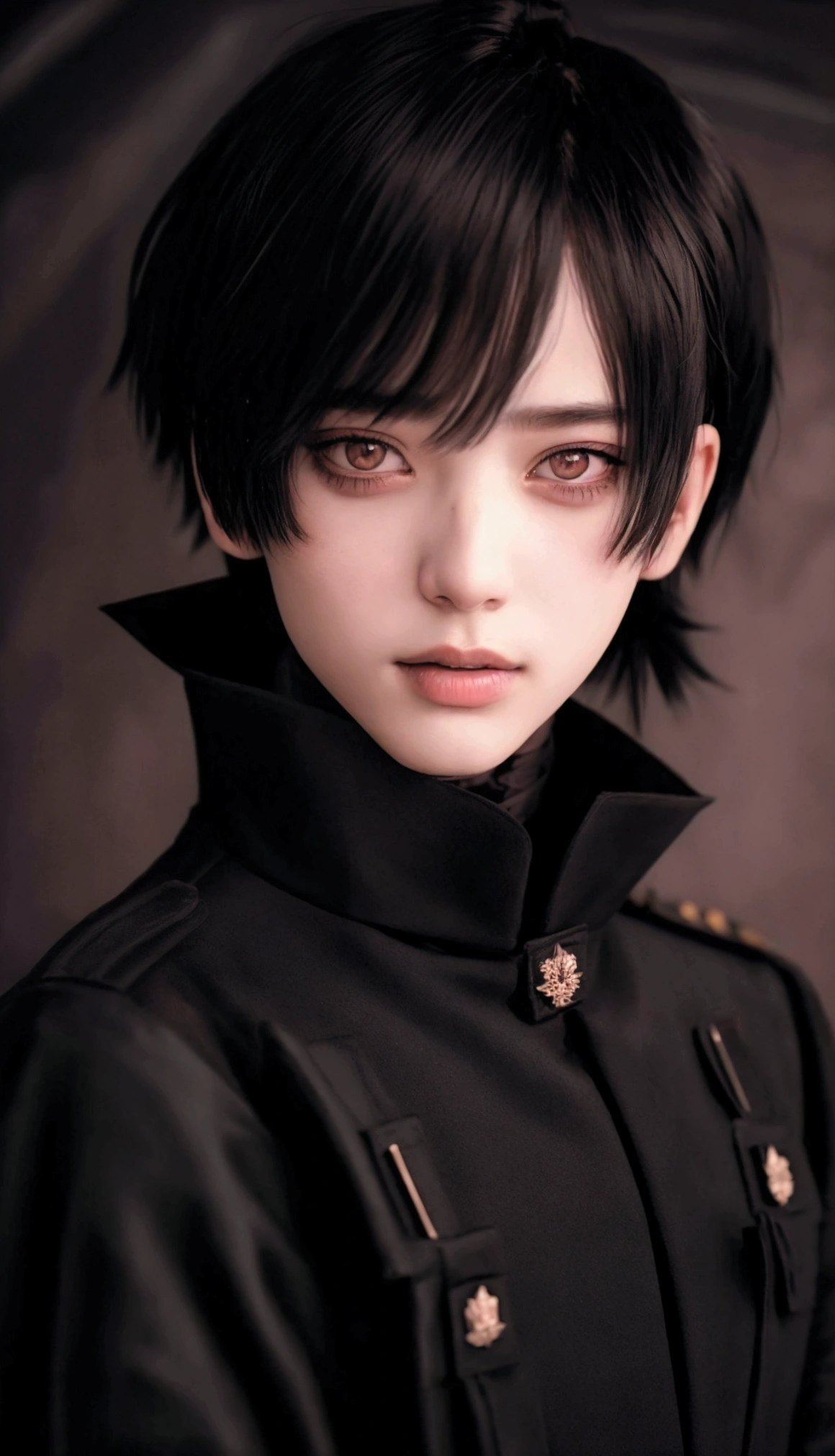 full shot, Military man  ,  black hair  ,  Korean Gothic boy ,  hime black haircut , hair blackbangs hair,  Gothic boy aesthetic ,  He has black hair with bangs ., Jeon Jungkook, DETAILED, , sui ishida with black hair, portrait de un niño,  a 20-year-old Gothic boy ,  White hairstyle with hime cut , Jungkook,  A handsome young man with fascinating eyes., DETAILED facial features,  long eyelashes , perfect skin, Warm smile,  brown hair, wearing military costume  , In an office room, 4k,  High resolution,  photorealistic , DETAILED,  hyperrealistic ,  vibrant colors ,  natural lighting ,  film composition ,portrait





