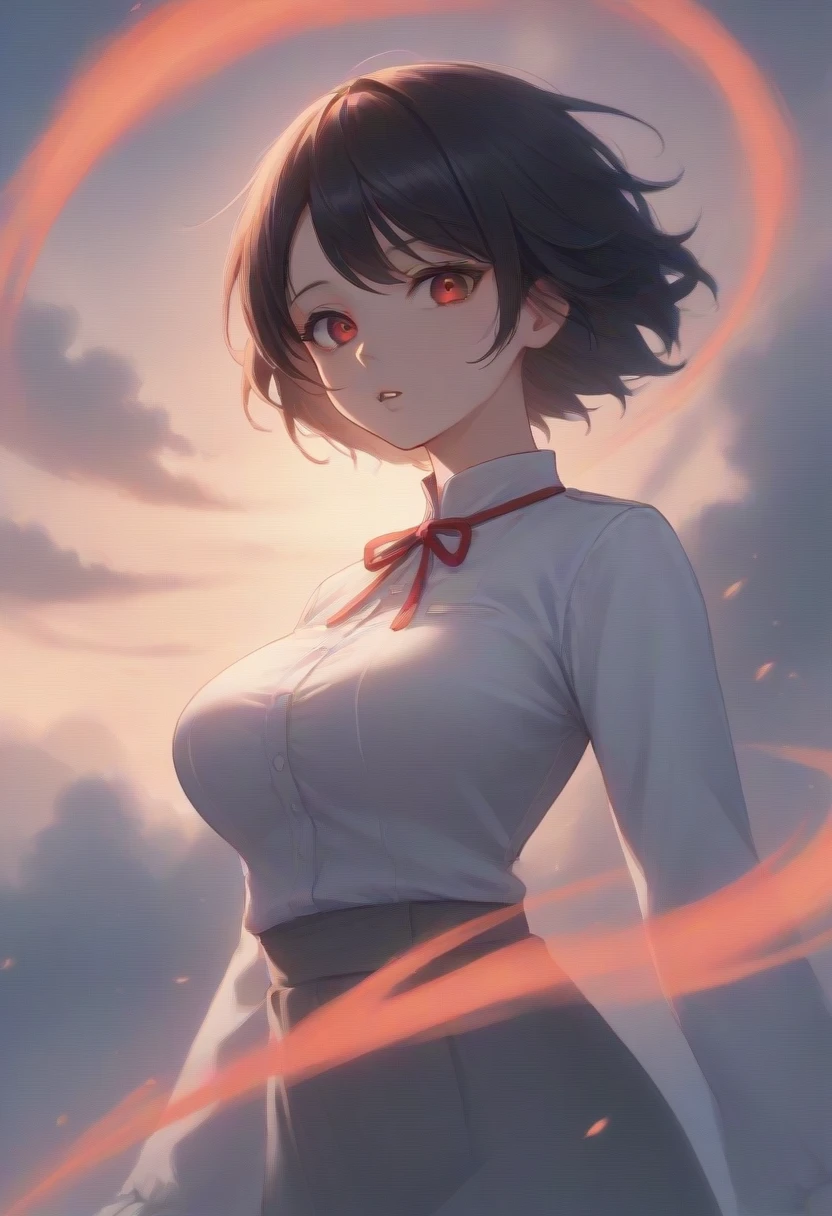 zPDXL3, score_9_up, score_8_up, score_7_up, (Anime_source), Manhwa-artsyle, 1girl, big breast, red eyes, black, short hair, aura, sky, cloudy, dutch angle, looking at viewer, parted lips, floating hair, particles
