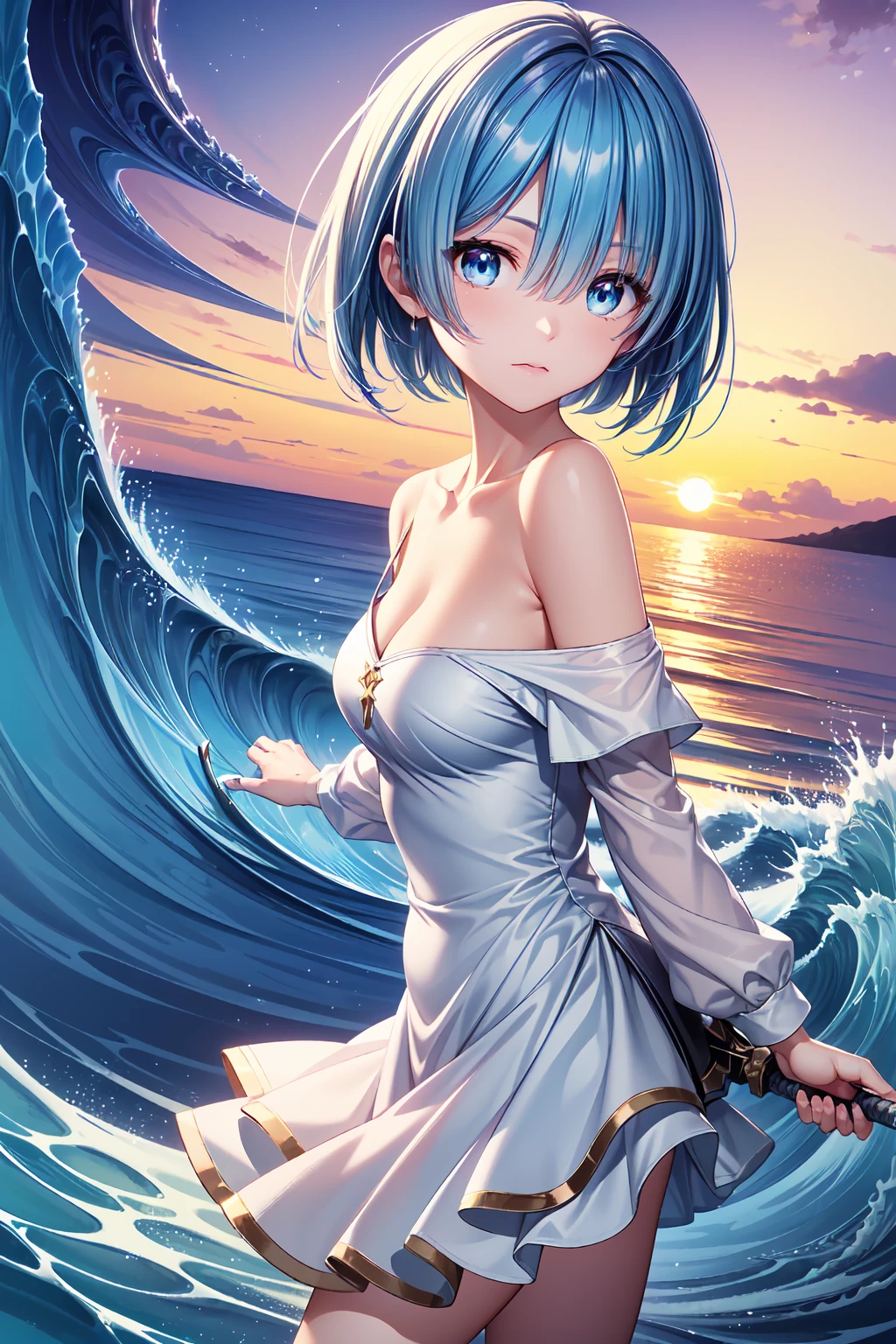 (masterpiece, best quality:1.2), (8k, extREMely detailed CG), REM, REM_re_Zero, 1girl, blue eyes, blue hair, short hair, hair over one eye, (detailed beautiful eyes, shiny skin), (collarbone:1.2), off-shoulder shirt, medium breasts, cleavage , (天界から舞い降りた女神のようなREM), ( Lots of feathers flying around ),  A beautiful scene with a dazzling sunset , milky way, Mysterious gradation , (Default, NeroOriginalOutfit,  red dress ), (Wave the Holy Sword:1.5),  from side, dynamic pose