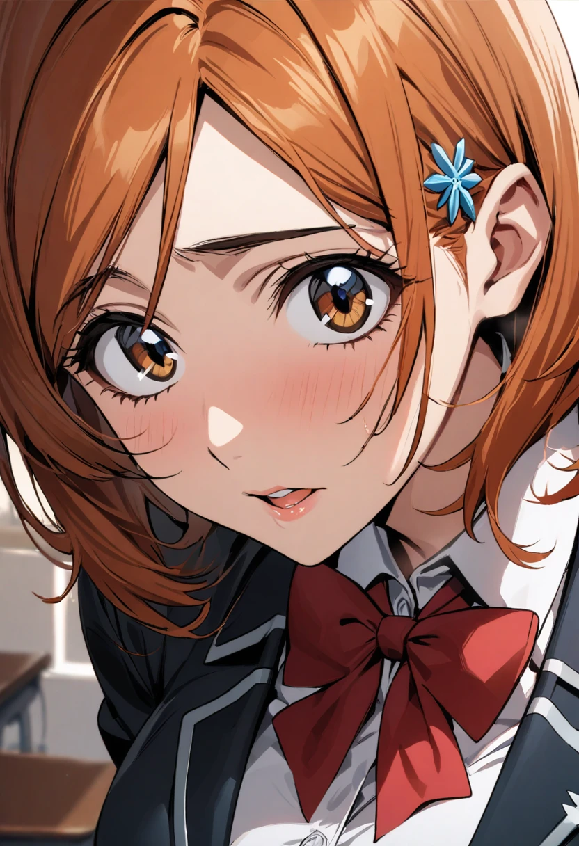 1girl, inoue orihime, bleach,school uniform,blazer,white collared shirt,pleats skirt,bowtie,classroom,takin her seat,captivating eyes,sensual atmosphere,close up face,masterpiece, best quality, absurdres,