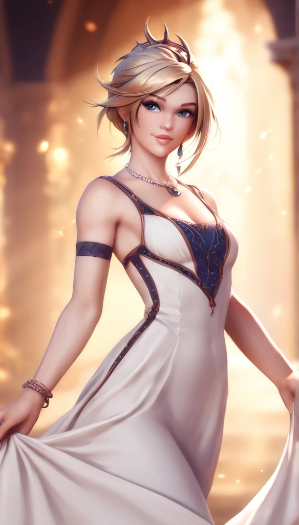 (Ultra high quality:1.2), masterpiece, A beautiful young woman with perfect eyes and straight blonde hair in a long ballroom gown, standing in a front 3/4 body portrait against a stunning background, embers floating, bokeh. She has a subtle, yet stunning expression, with well-crafted and detailed facial features. The image has a traditional animation style with thicker lines, giving it a comic book-like aesthetic. The overall style is inspired by the artist personalami, resulting in a high-quality character art piece that could be from a big-budget film still.High Resolution, Best Quality, cute, (tomboy), 1girl, Blue eyes, 