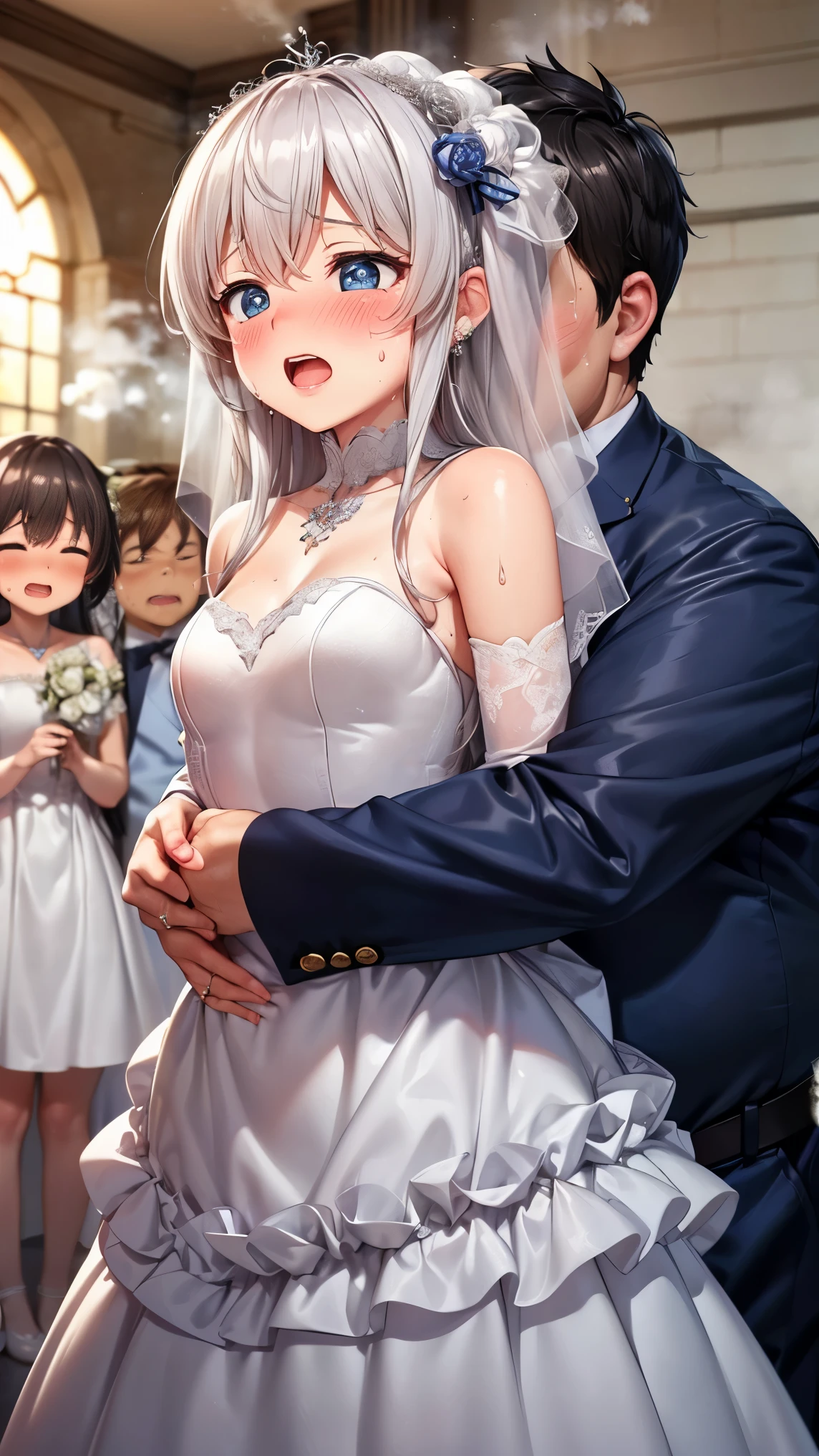 best quality,4k,8k,1girl,small breasts,((orgasm,blush,sweat,steam:1.3)),celia claire, ((wedding dress:1.3)),bridal veil,wedding ring,1boy,((女の子の後Standing,French Kiss,hug,fat man))