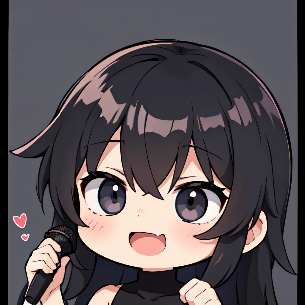 Cute Chibi Boy,  black long hair.  Hairstyle Always Ruffled . Shaved . , black turtleneck, . Big head.  without background .  Thick Border .  Screenshot Anime ,   torso portrait on .  Thick Border สีดำ.  3-point illumination , Edge Light, Highlights. 
laugh, >_Closeup Now . Holding the mic. sing. Black eyes. Black long-sleeved shirt.