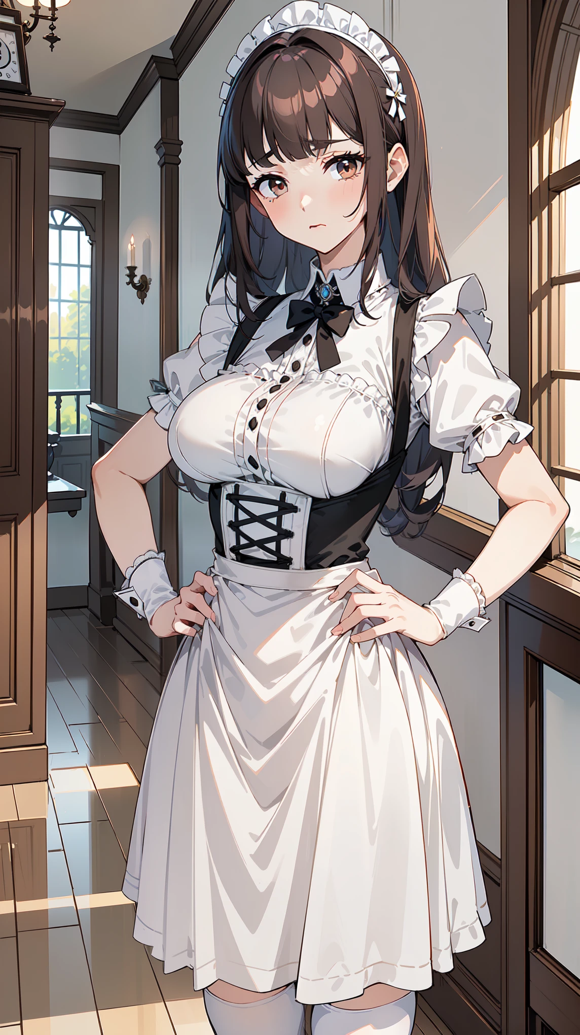 (masterpiece, best quality, ultra high quality, 1girl, solo), (((성숙한 23세 여성))), (((Her height is 159 cm.))), (((small face))), (((She has good body proportions.))), (hime cut), black hair, blunt bangs, long hair that reaches the waist, (Black eyes), (big breasts:1.6), (wearing a short victorian white dress), (maid), (short victorian dress), (apron), (coffee-colored band stockings), (detailed hands), (The peaceful country mansion), (She stands in the hallway with a timid posture.), (turn red face), (Unstable face), (cowboy shot), (tired), (tearful face), hands on hips,